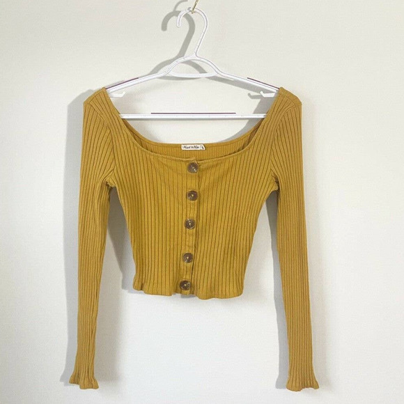 Yellow Crop Top Long Sleeve (Heart & Hips) SMALL Cotton Blend - Picture 1 of 10